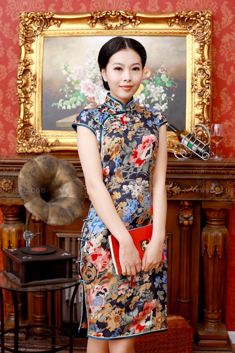 Dark Blue Satin Short Cheongsam Custom Made Cheongsamchinese Clothes Qipao Chinese Dresses 