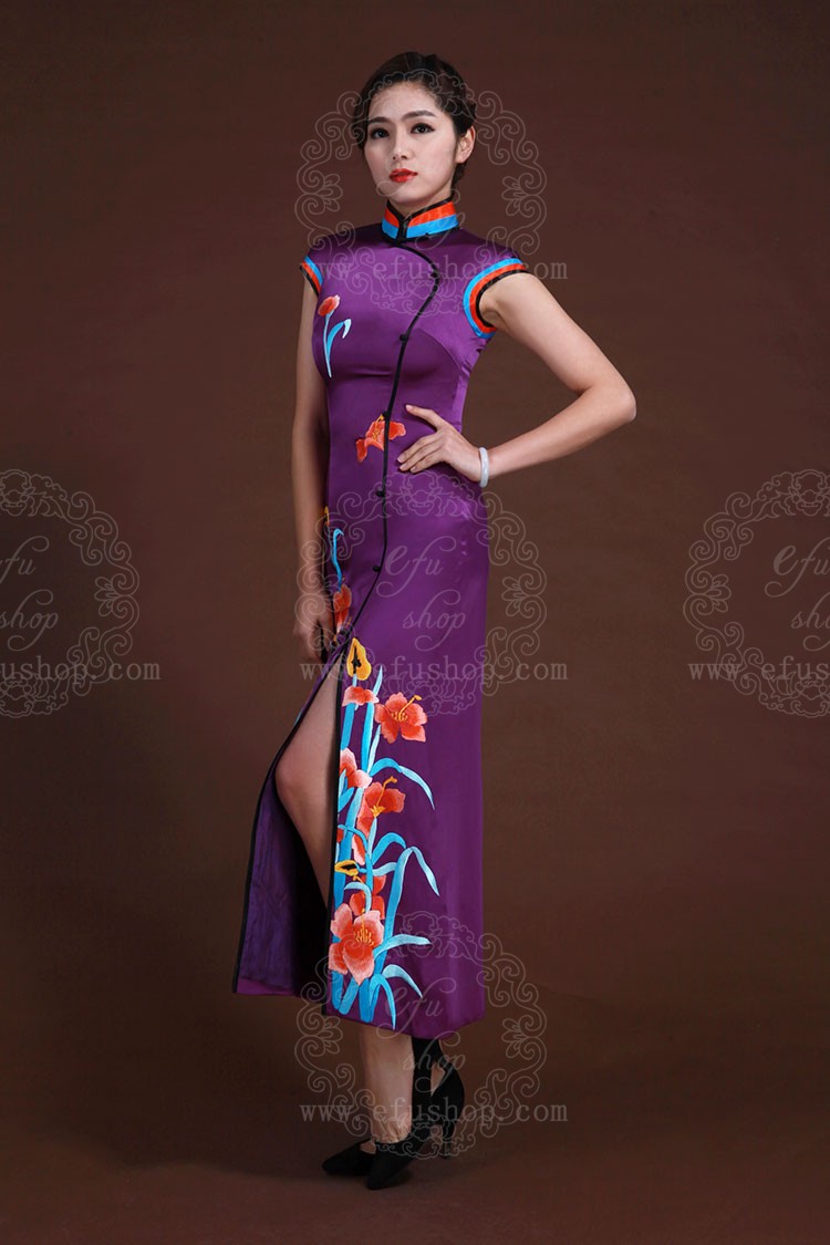 Purple Silk With Embroidery Sleeveless Cheongsam Dress Custom Made Cheongsamchinese Clothes 