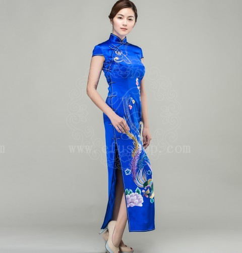 Sapphire Blue Silk Cheongsam With Colorful Phoenix Custom Made 