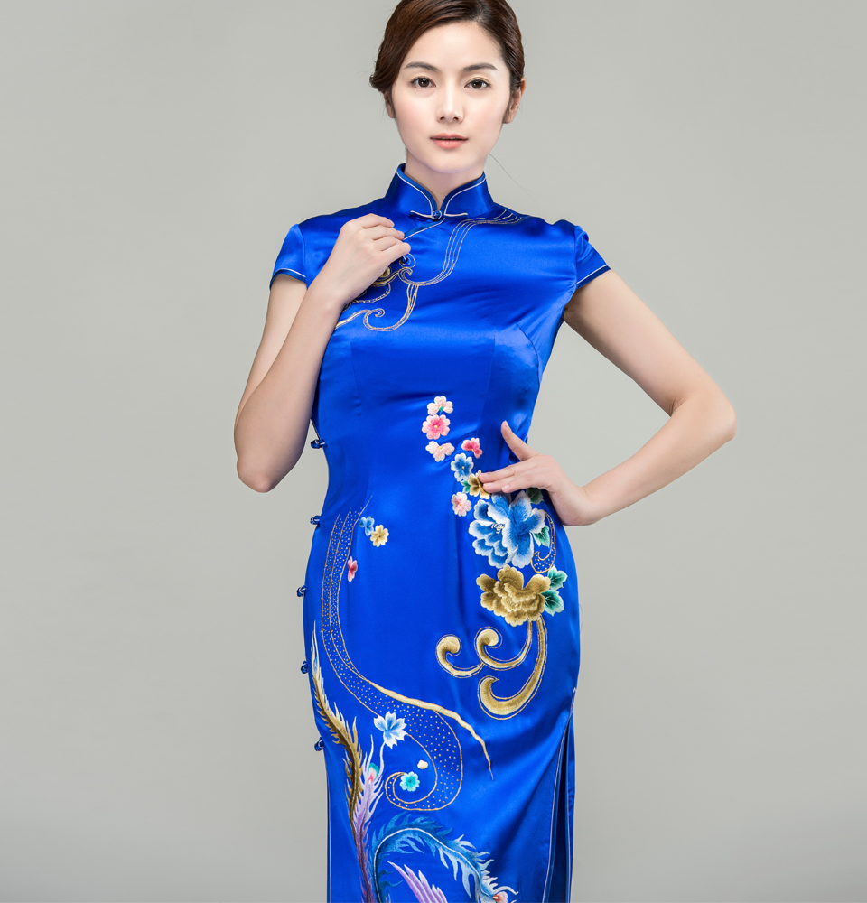 Sapphire blue silk cheongsam with colorful phoenix - Custom-made ...