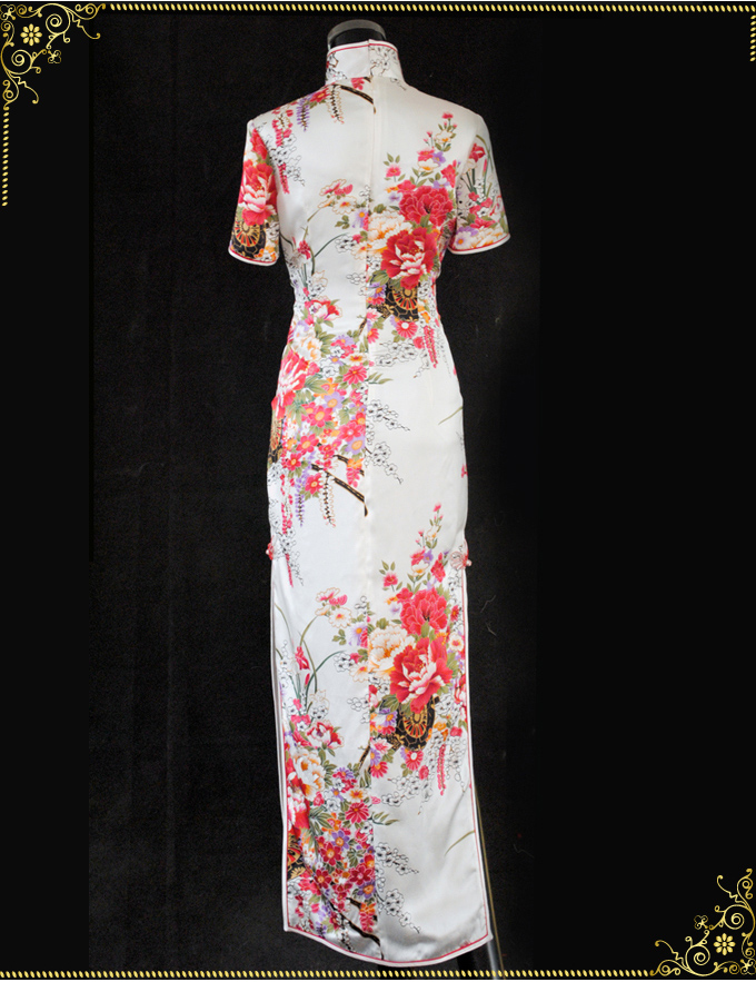 White floral silk satin cheongsam dress SCS91 - Custom-made Cheongsam ...