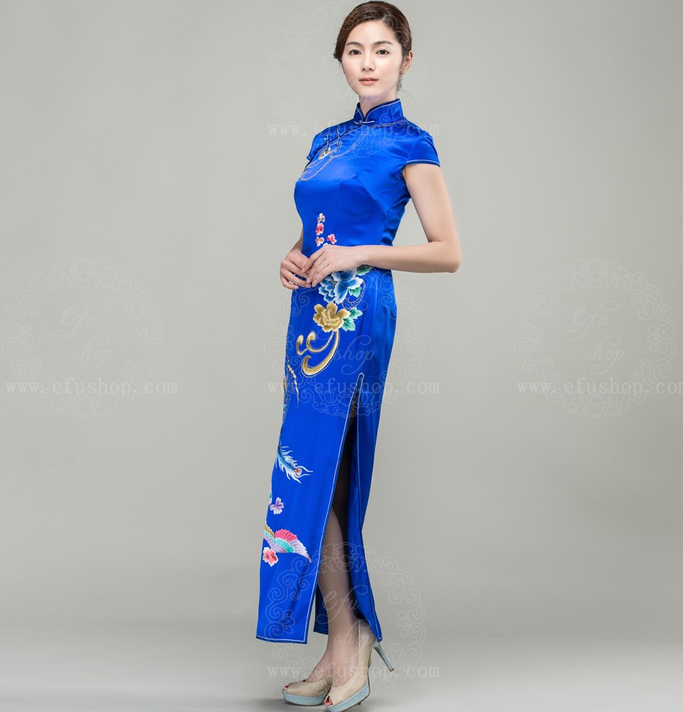 Sapphire Blue Silk Cheongsam With Colorful Phoenix Custom Made 