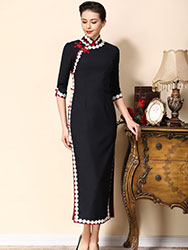 Dark blue wool cheongsam with lace piping